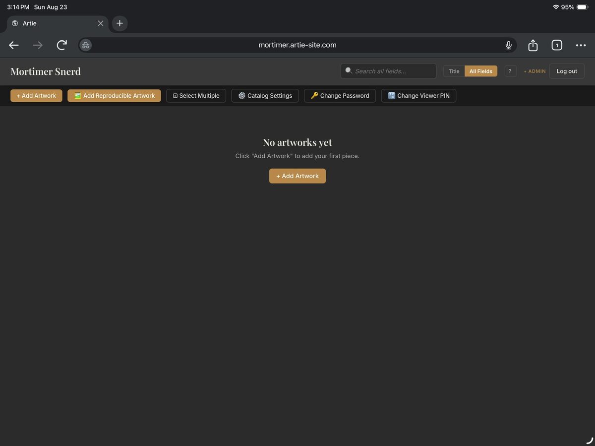 Artie admin toolbar with an empty catalog, showing Add Artwork and other admin buttons