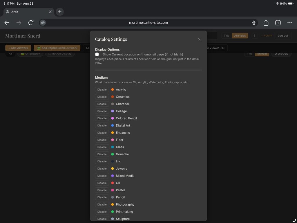 Artie Catalog Settings dialog showing Display Options and the Medium tag list
