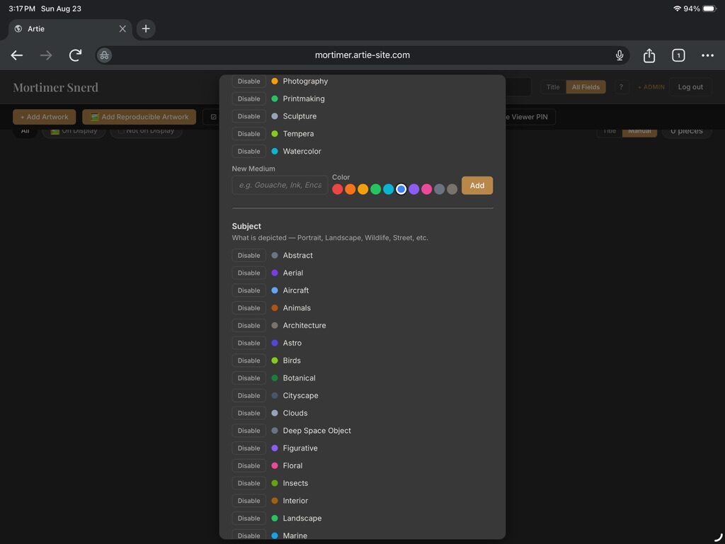 Artie Catalog Settings New Medium form with a color selected, and the start of the Subject tag list