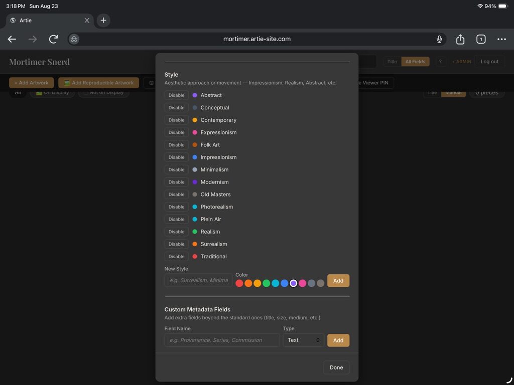 Artie Catalog Settings New Style form and the Custom Metadata Fields section below it