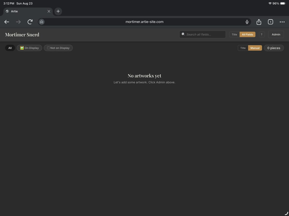 Empty Artie gallery view with the Admin button highlighted