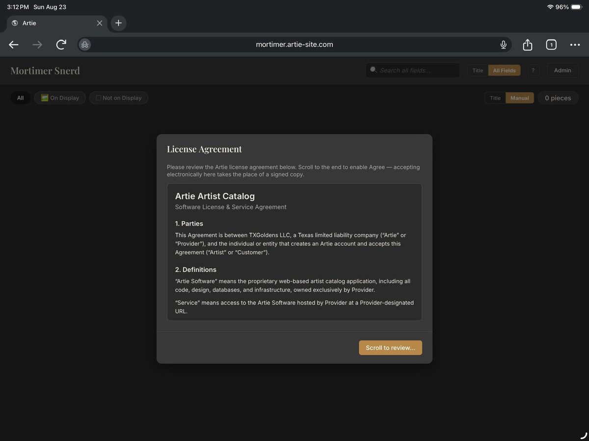 Artie License Agreement dialog, scrolled to the top