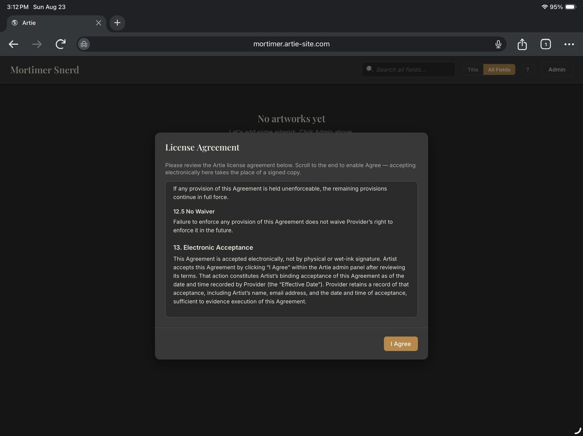 Artie License Agreement dialog scrolled to the bottom with the I Agree button enabled