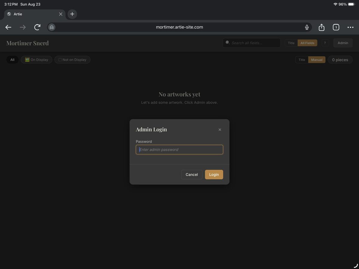 Artie Admin Login dialog with an empty password field