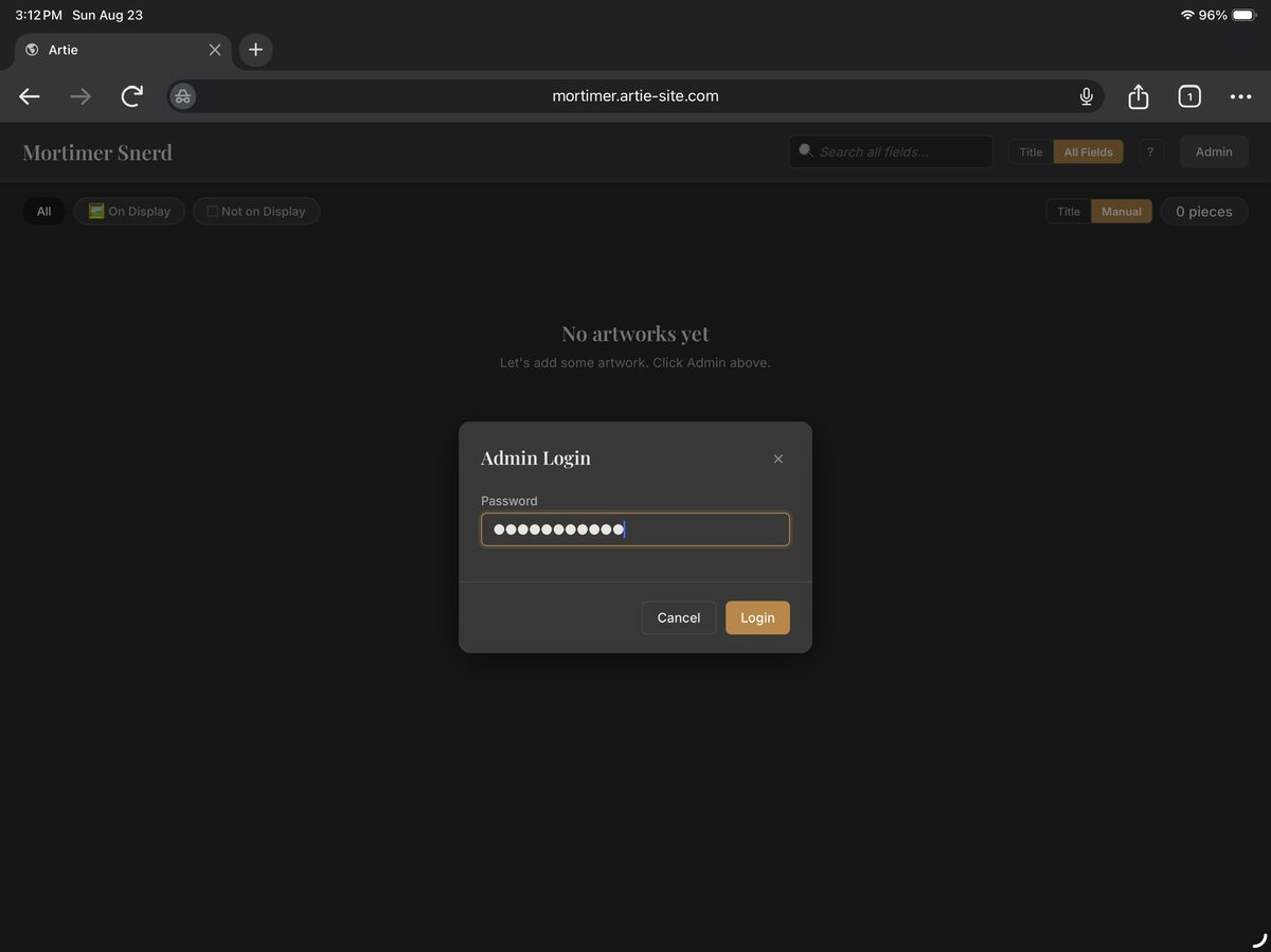 Artie Admin Login dialog with the password field filled in