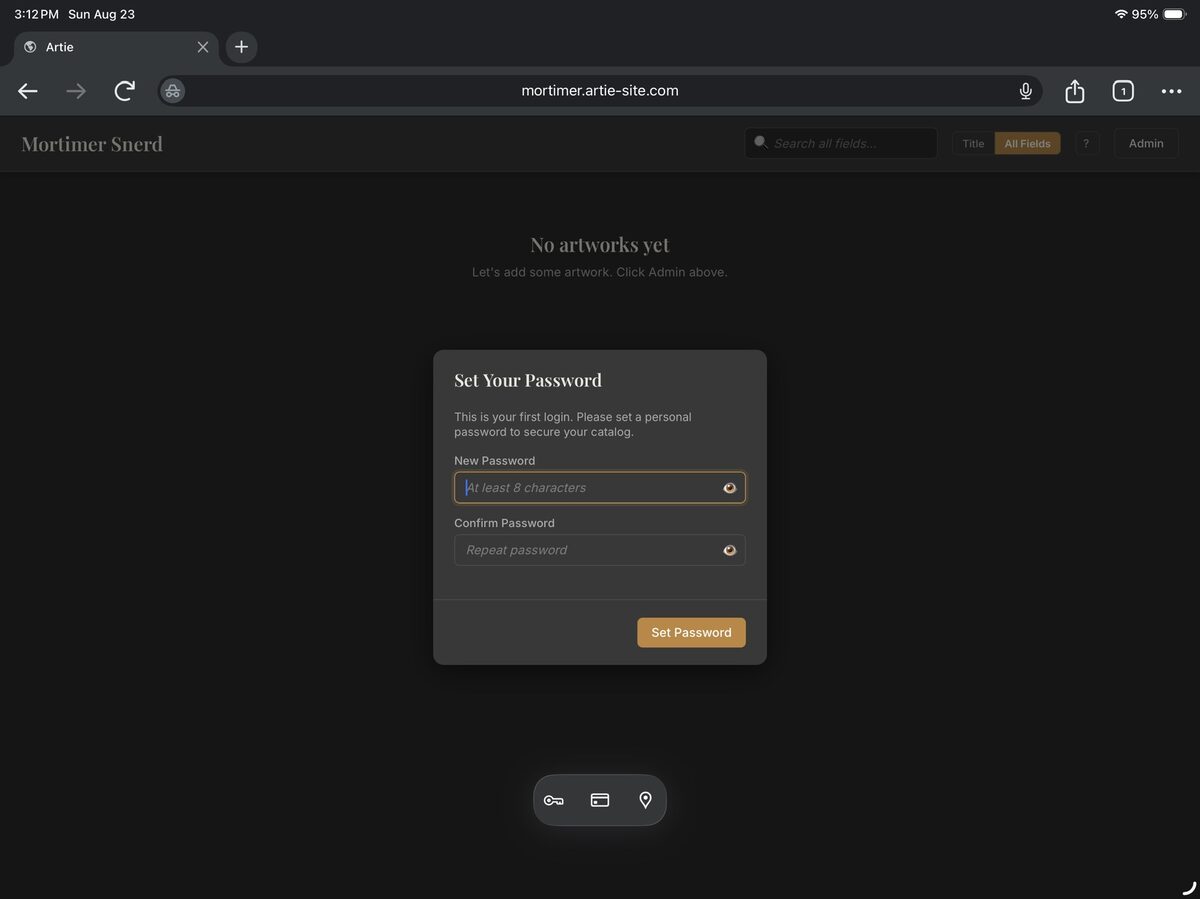 Artie Set Your Password dialog with empty fields