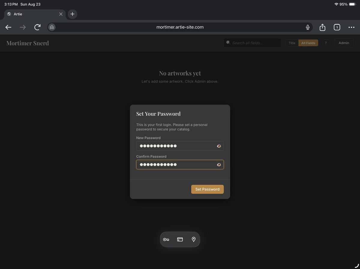 Artie Set Your Password dialog with both fields filled in
