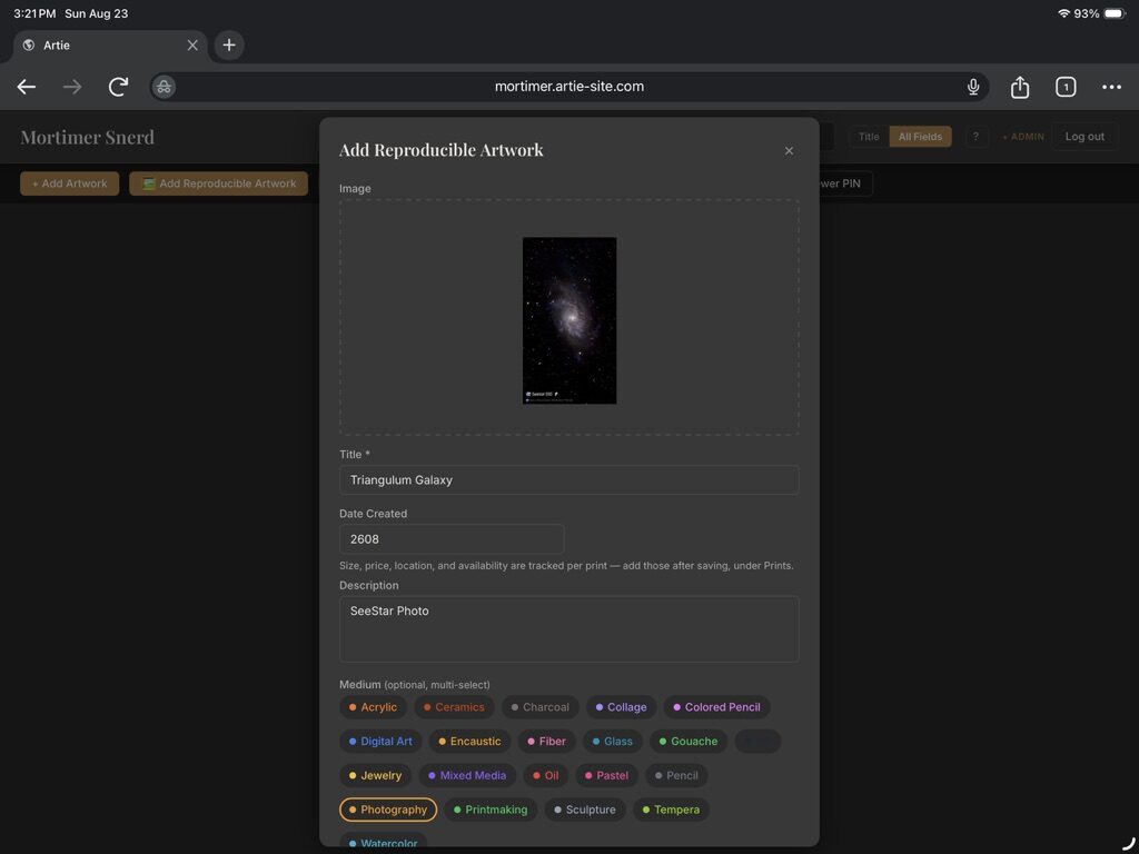 Artie Add Reproducible Artwork dialog with an image uploaded and the Title, Date Created, and Description fields filled in