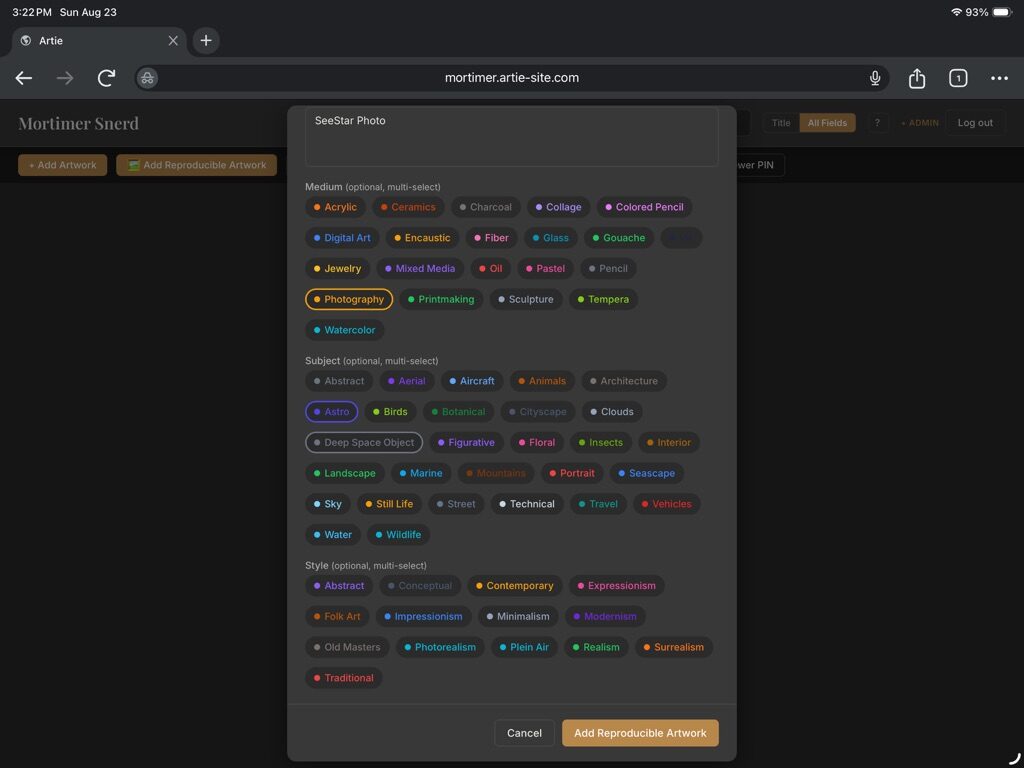 Artie Add Reproducible Artwork dialog scrolled to the Style tags and the Add Reproducible Artwork button
