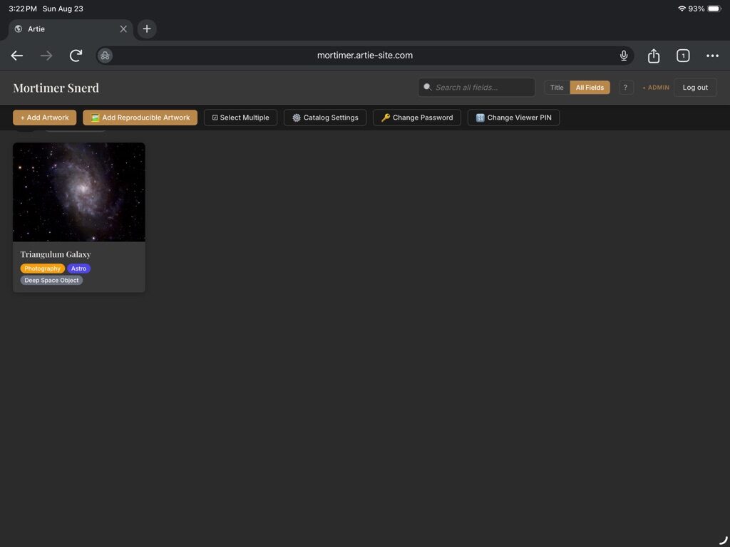 Artie catalog grid showing the newly added Triangulum Galaxy artwork card with its tags